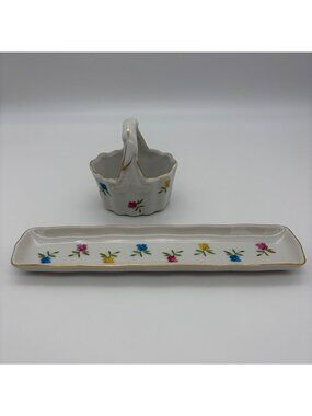 I W Rice Japan Porcelain Floral Dresser Tray Basket Gold Trim Irice Import